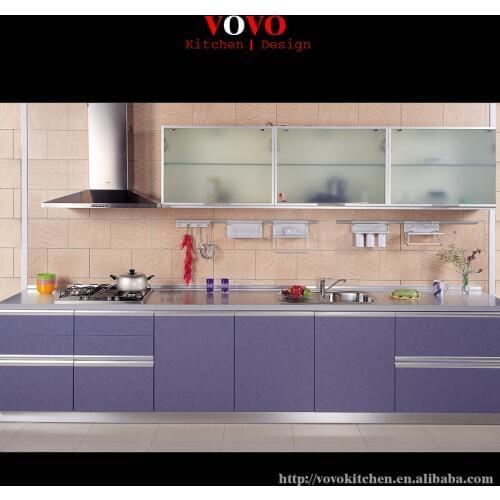 Kitchen cabinets upper glass cabinet and lower purple cabinet
