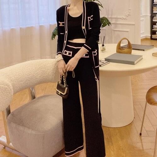 Vintage Knitted Two Piece Set Women V-neck Single Breastd Contrast Color Long Midi Cardigan With Sashes + Wide Leg Pants Suits