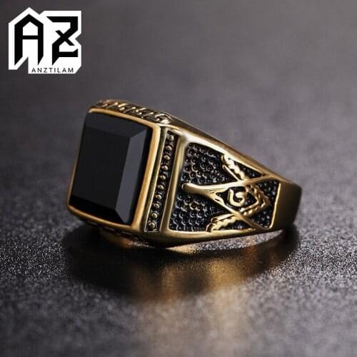 AZ High Quality Gold Color Punk Stainless Steel Rings Religious Masonic Black Gem Ring For Men Jewelry Christmas Gifts