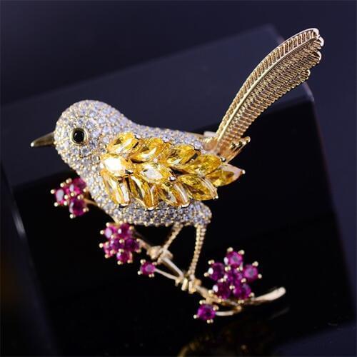 Luxury Zircon Bird on Branch Brooches for Women Crystal Flower Brooch Pin Collar Broches Pins Animal Jewelry Christmas Gifts