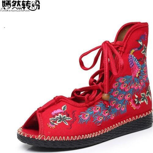 Vintage Women Flats Shoes National Peacock Embroidery Canvas Linen Lace up Womens Dance Ballet Soft Sandals Sapato Feminino