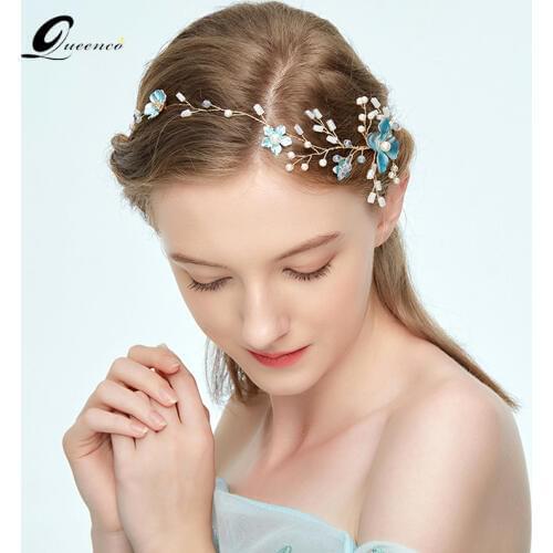 Blue Flower Headbands Crystal Wedding Hair Accessories Bridal Headpiece Bridmaid Hair Jewelry Women Ornaments
