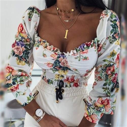 Women Puff Sleeve Crop Tops Blouses 2021 Summer Autumn Long Sleeve Square Neck Vintage Shirts Corset Floral Elegant Tops Female