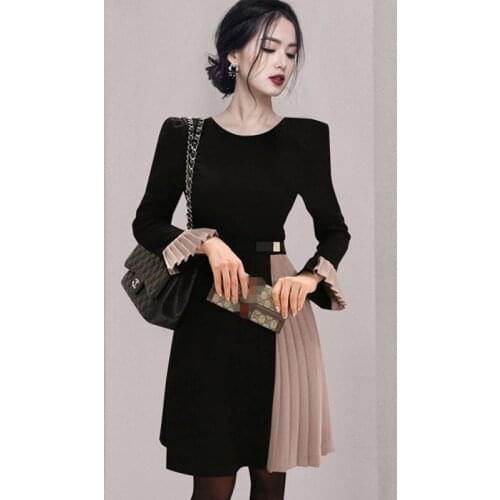 Office Work Ladies Fashion Hit Color Pleated Dress Autumn Fashion O-Neck Flare Sleeve Casual High Waist Party Dress Robe Femme