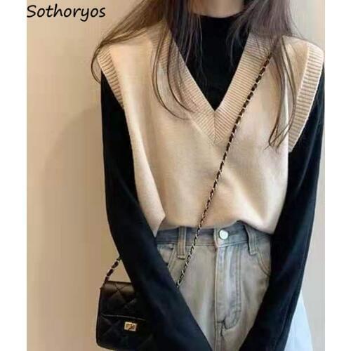 Vest Women Solid Knitted V-Neck Sleeveless Fashion Casual Retro Korean Style Outwear Ladies Coats Chic All-match Spring Simple