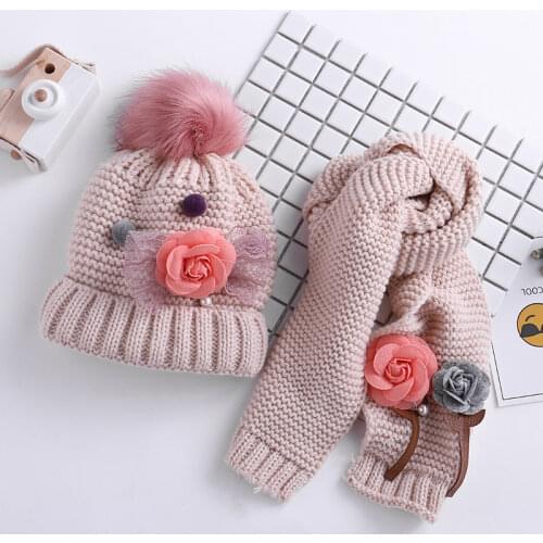 Winter Knitted 3-8 Years Fur ball beanies sets velvet wool kids Girls Knit fur hats winter 2 pcs baby girl scarf hat set HT19046
