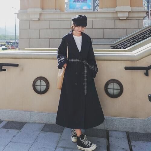 2020 new Korean style stitching plaid Trench Coat Mid-length British overcoat over-the-knee fashionable casual Women coat W59