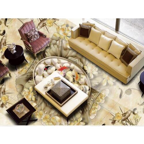 3d floor custom wallpaper living room Lotus nine fish figure 3d pvc flooring waterproof wallpaper self adhesive 3d floor murals