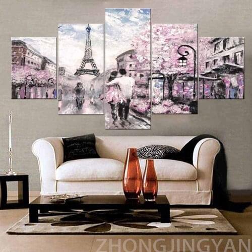 5 Panels The Couple Walking in The Rain Eiffel Tower Romantic Paris Wall Decor for Bedroom framed Canvas Painting Wall Art for L