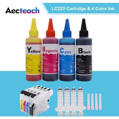 Aecteach LC 223 XL Printer Ink Cartridges + 400ml Dye Ink For Brother LC221 LC223 LC225 LC227 LC229 MFC J5620DW J5625DW J5720DW