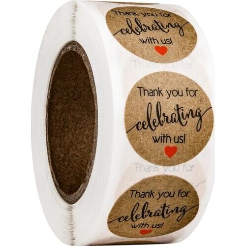 Free Shipping - 2.5CM Round Natural Kraft Handmade with "THANK YOU" Stickers, 500 Labels Per Roll