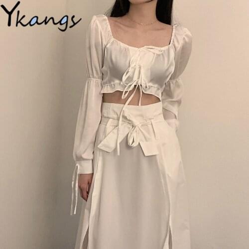 Sexy Square Collar White Solid Lace-up Goblincore Aesthetic Blouses Women Korean Daily Casual Cropped Shirts Slim Summer Skirts