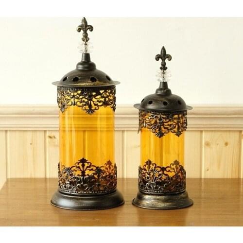 GY Morocco European Candlestick Decoration Bronze Retro Iron Art Glass Gold Floor-Standing Storm Lantern Outdoor Candlestick