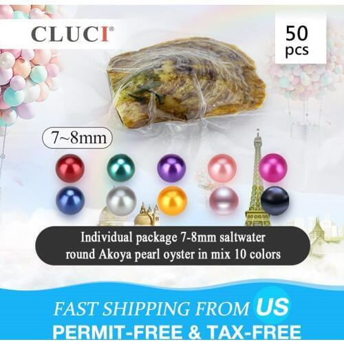 CLUCI 50pcs Akoya 7-8mm Pearls in Oysters 10 Colors Mixed Pearl Party Pack Rainbow Oysters with Akoya Pearls WP308SB
