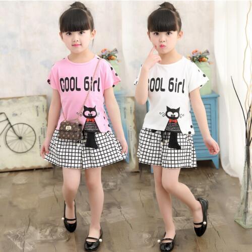 Children girl clothing sets cute cat polka dot t-shirt and plaid shorts summer girls 3-10 years kids pink white two piece set