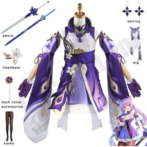 Genshin Impact Keqing Cosplay Costumes Lolita Dress Sets Ears Horns Wig Sword Earrings Accessories Adult Kids Anime Clothes Wig