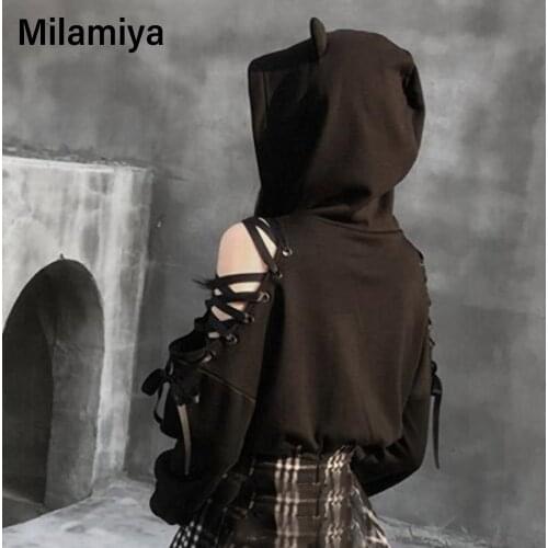 Harajuku Sweatshirt Women Punk Gothic Hoodie Autumn Winter Plus Velvet Hollow Out Lace Up Long Sleeve Cute Cat Ear Hoodies
