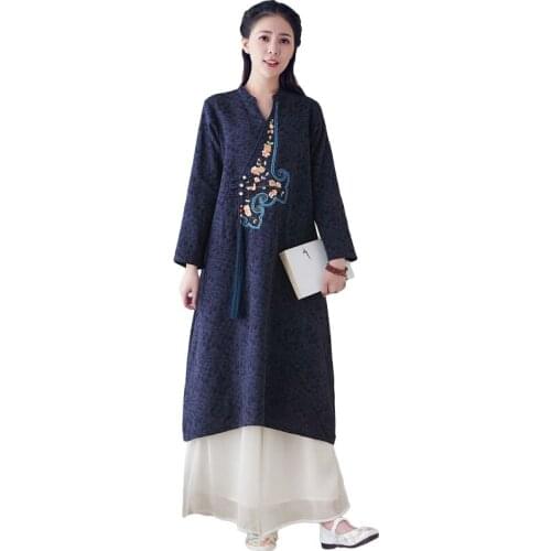 LZJN Spring Women Dress V Neck Embroidery Open Front Kimono Retro Chinese Style Hanfu Dresses with Tassel