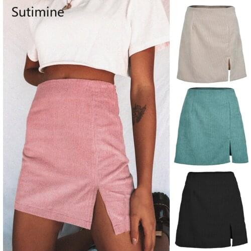 Summer Women High Waist Skirt Solid Black Mini Skirt Corduroy A Line Sexy Split Short Skirt for Girls Kawaii All Match Streewear
