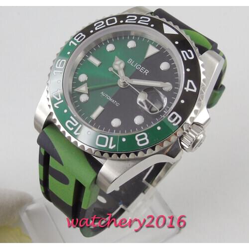 40mm Bliger Green Black Dial Sapphire Glass Date GMT Ceramic Bezel Automatic Mechanical Mens Watch