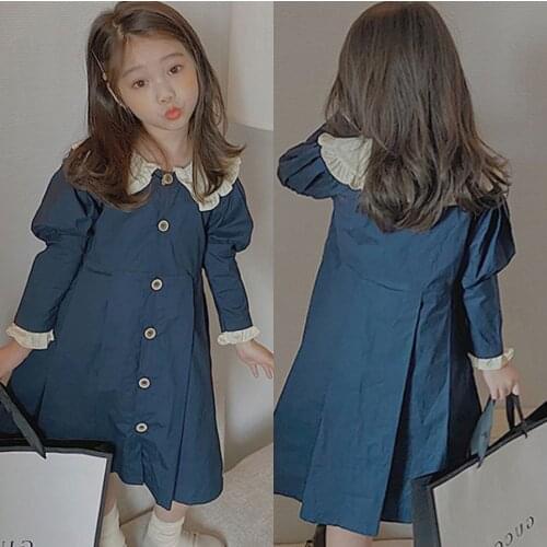 Korean Style Baby Girl Dress 2021 Autumn New Kids Lace Lapel Long Sleeve Dress Fashion Pleated Cotton Dress for Girls Clothing