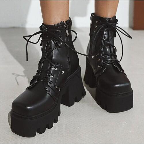 Plus size 35-44 High Platform Chunky High Heels Women Boots Cross Tied Round Toe Women Shoes Lace Up Ankle Boots Mujer Botas