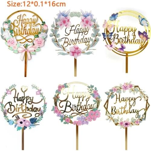 Rose Flowers Happy Birthday Acrylic CakeToppers Gold Birthday Cake Topper Decor