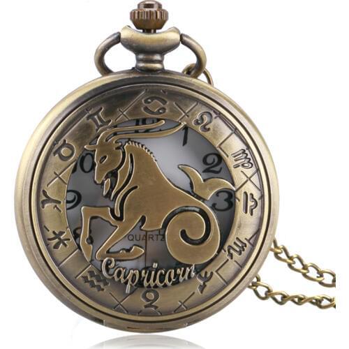 Constellation Stylish Capricorn Design Pocket Watch Women Men Zodiac Pendant Necklace Chain Fashion Birthday Gift P1060