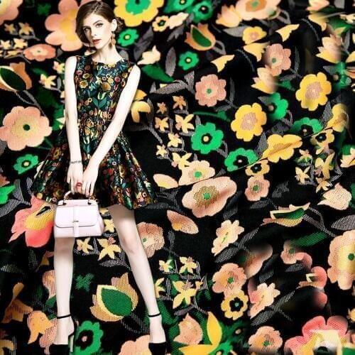 HLQON new arrival gold line yarn dyed brocade jacquard green flower fabric for dress women clothing tissue patchwork 145cm width