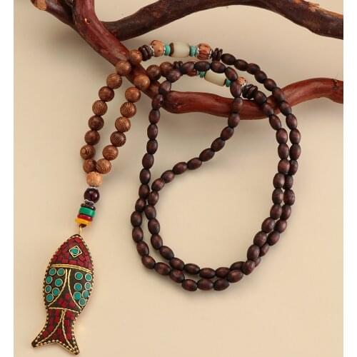 Vintage Handmade Nepal Buddhist Mala Wood Bead Pendant Necklace Ethnic Horn Fish Long Pendant Boho Jewelry Party Lucky Gift