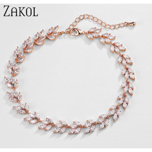 ZAKOL 2020 New Classic Leaf Shape Cubic Zirconia CZ Shiny Stone Chain & Link Bracelets Luxury Bridal Wedding Jewelry FSBP2173