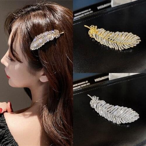 1pc Women Elegant Rhinestone Hair Clips Gold Silver Feather Hairpins Fashion Jewelry Metal Barrettes for Girls Hair Accessories