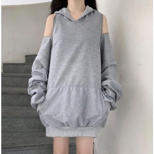 Elegant Korea Harajuku Girls Lightweight Hoodie Gothic Zipper Strapless Sexy Street Punk Style Preppy Buttocks Womens Sweater