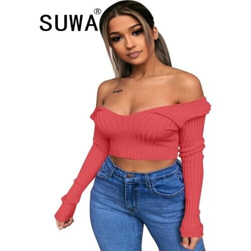2021 Winter Sexy Long Sleeve Solid Color Ladies Top Off Shoulder V Neck Knitted Crop Tops For Women Wholesale Clothing