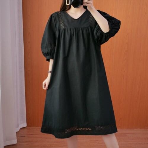 Black White Patchwork Lace Fashion Girls Chic Dress Cotton Linen Hollow Out Loose Summer Dress Women Travel Casual Midi Dress