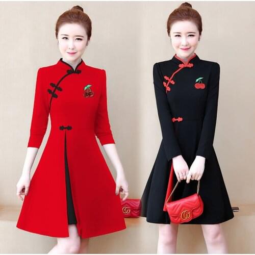 Womens Cute Cheongsam Long Sleeve Dress Sequins Cherry Elegant Vintage Birthday Party Cocktail Slim Casual Chinese Style Dresses