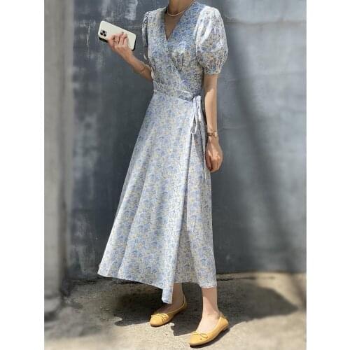 Summer Women Short-sleeved Chiffon Dress V-neck High Waist Floral Print Beach Midi Dresses bandage Sexy Vestidos woman dress