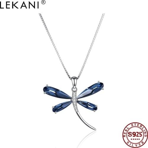 LEKANI 925 Sterling Silver Cute Dragonfly Pendant Necklace Blue Austria Crystal Necklaces For Women Elegant Party Jewelry