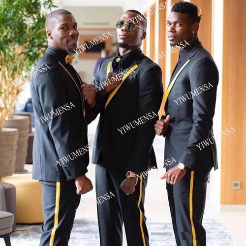 Formal Party Groomsman Suits For Wedding Gold Peaked Laple Black Mens Jacket With Pants Slim Fit Smoking Business Prom Dress