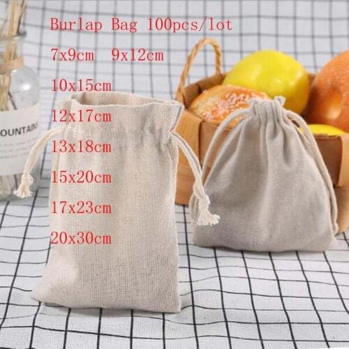 100Pcs/lot Burlap Bag 9x12 13x18 15x20 cm Drawstring Jewelry Pouch Jute Gift Bags Jewelry Packaging Wedding Bags