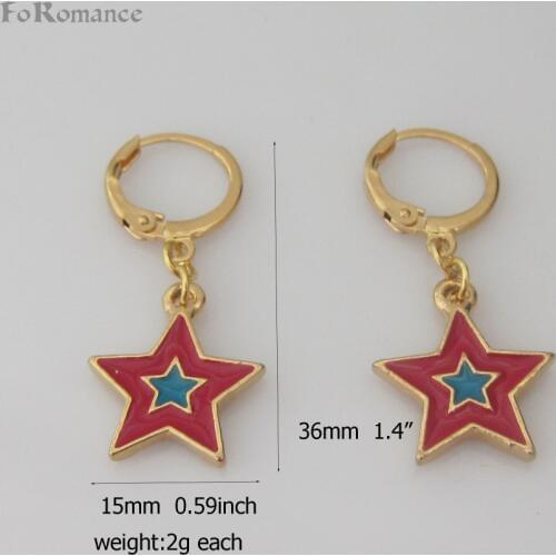 Foromance/- YELLOW GOLD GP DANGLE STAR SHAPPED ENAMELED WITH RED AND BLUE DANGLER EARRING TALL 1.4 INCH