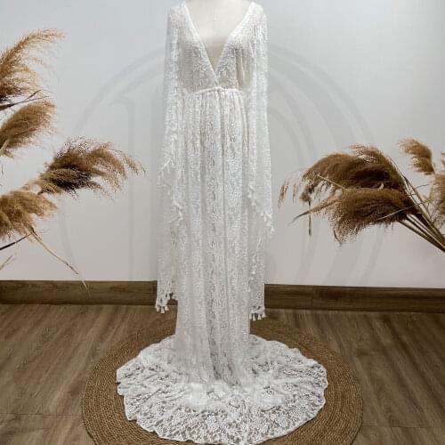 Photo Shoot Lace Robe Long Sleeves Embroidery Maternity Dresses Evening Party White Costume for Women Photography Accessories