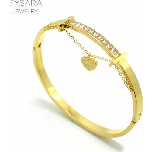 FYSARA Luxury Brand Forever Lover Letter Heart Tag Bracelets Lover Row Square Crystals Bangle Stainless Steel Womens Pulserias