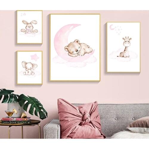 Painting Nordic Kids Baby Bedroom Decor Bunny Giraffe Bear Picture Cute Animal Moon Nursery Child Wall Art Canvas Print