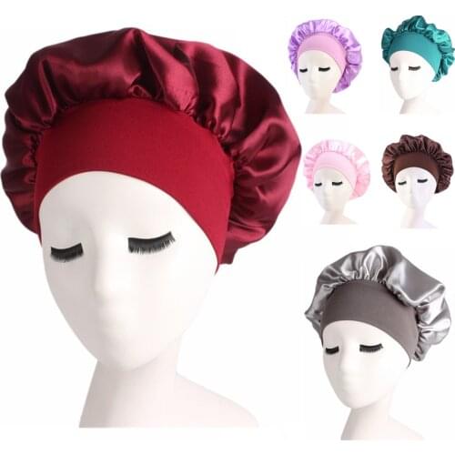 New Fashion Night Sleep Cap Wide Elastic Hair Care Hat Satin Solid Head Cover Bonnet Band Nightcap Women Unisex Dome Shower Cap