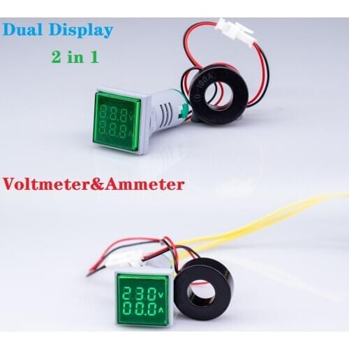 22mm New Square LED Digital Dual Display Voltmeter Ammeter Voltage Gauge Current Meter Measurement AC 60-500V 0-100A
