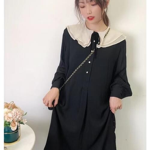 Autumn and winter new style Japanese womens ruffled shirt collar tie bow dress