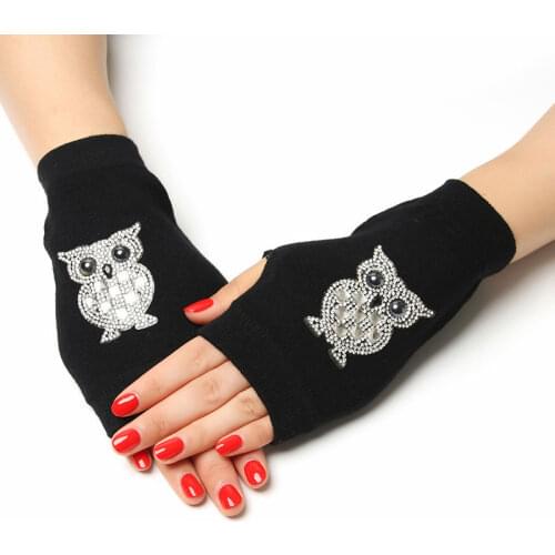 Unisex Rose Animals Printed Knitted Fingerless Gloves Women Rhinestone Men Winter Warm Gloves Half Finger Computer Mittens