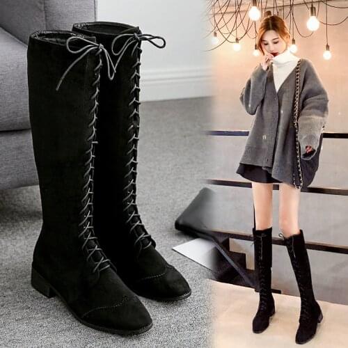 Sexy Knee-length Womens Warm Martin Boots Black Apricot Suede Zipper Platform Winter Boots Ladies Lace-up Fashion Womens Shoes