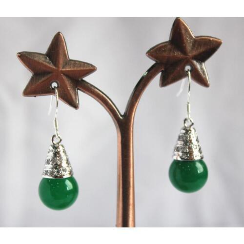 Silver Plated 12mm green jades hook earrings nice gift